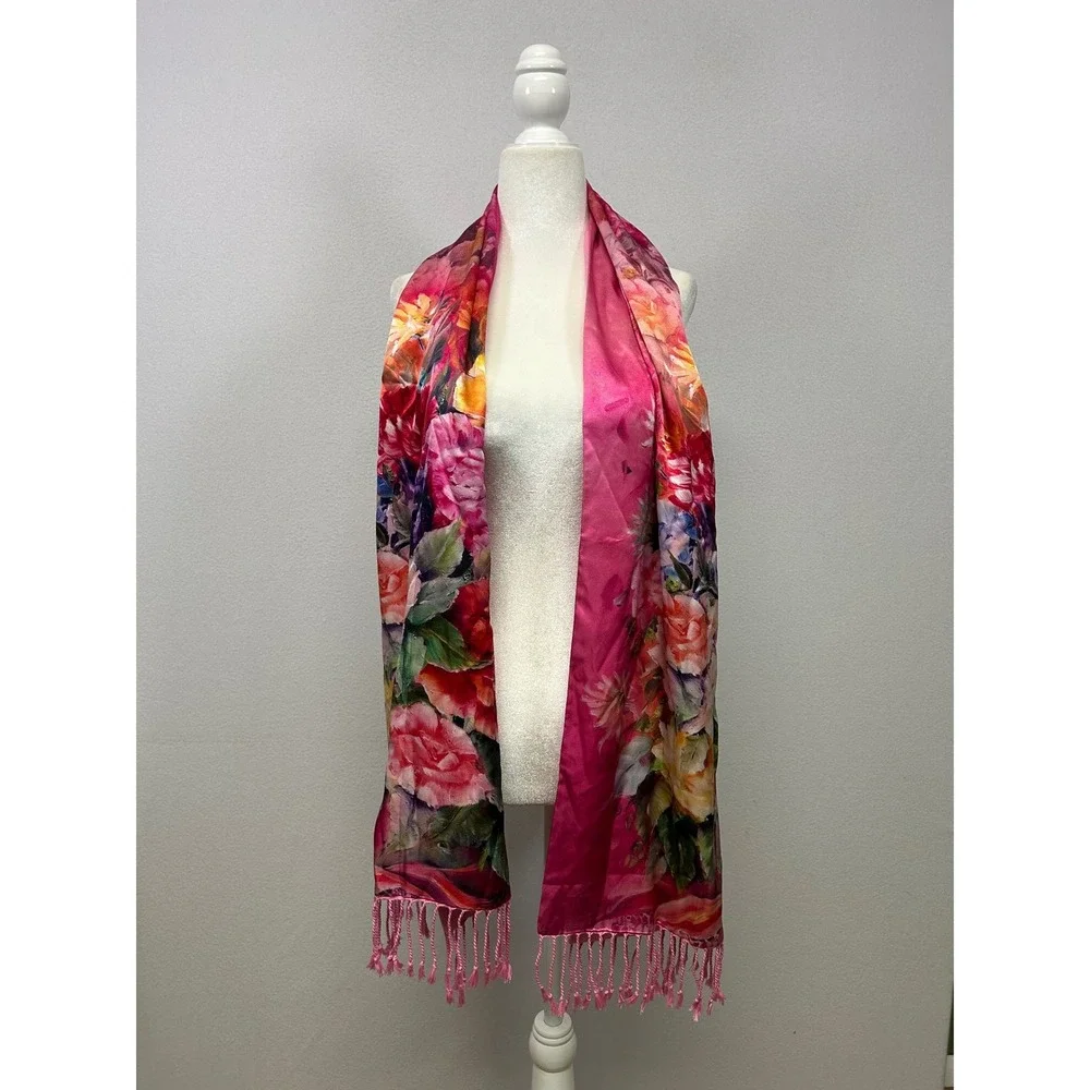 Cottagecore Unbranded Womens OS Pink Floral‎ 100% Silk Fringe Scarf Shawl 9791
